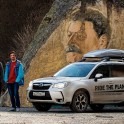 Russia. Nothern Osetia. Tsey valley. Ivan Malakhov, Boris Belousov and project official car - Subaru Forester. Photo: Evgeniy Egorov