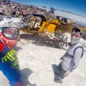 Russia. North face of Elbrus. Riders Nikolay Pukhir and Petr Vinokurov. Heliaction company's helicopter "Lama". Photo: selfie