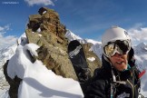 Russia, Caucasus, Elbrus region. Valley Medvezhie ridge. Rider Konstantin Galat at the couloir start-point. Selfie