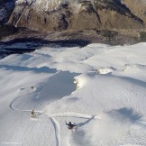 Russia, Caucasus, Elbrus region. Mt.Cheget north slopes. RTP riders - Konstantin Galat, Aleksander Ilyin and Igor Ilynikh. Photo by Oleg Kolmovskiy (drone)